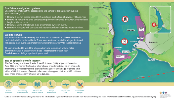An illustration of the Exe estuary and information about byelaws, used for signage at slipways.