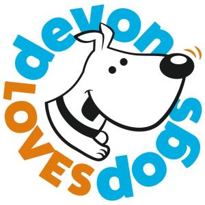 The Devon Loves Dogs logo with an illustration of "Patch" the dog